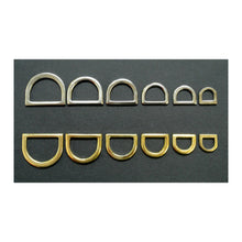 Load image into Gallery viewer, Pressed Solid D-Rings Brass & Nickel Plated x10 in Various Sizes For Webbing Bags Dog Leads & Collars