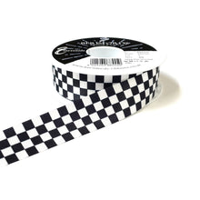 Load image into Gallery viewer, Chequered Ribbon Flag Black and White Check Berisfords Satin 15mm 25mm Wide
