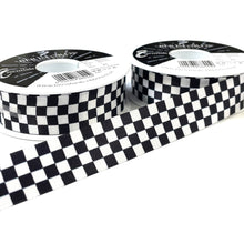 Load image into Gallery viewer, Chequered Ribbon Flag Black and White Check Berisfords Satin 15mm 25mm Wide
