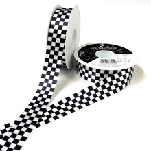 Load image into Gallery viewer, Chequered Ribbon Flag Black and White Check Berisfords Satin 15mm 25mm Wide