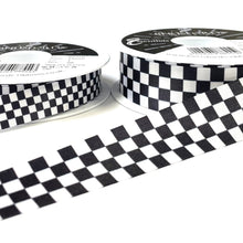 Load image into Gallery viewer, Chequered Ribbon Flag Black and White Check Berisfords Satin 15mm 25mm Wide