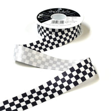 Load image into Gallery viewer, Chequered Ribbon Flag Black and White Check Berisfords Satin 15mm 25mm Wide