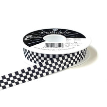 Load image into Gallery viewer, Chequered Ribbon Flag Black and White Check Berisfords Satin 15mm 25mm Wide