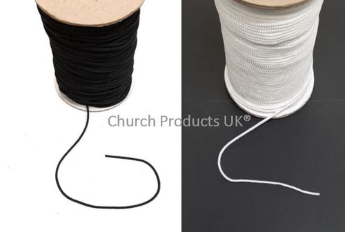 3mm Draw String Braided Cord Polypropylene In Black Or White x1m - 250m