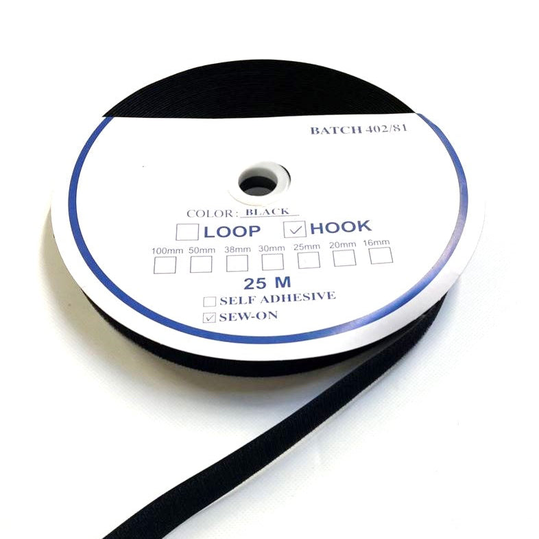 Sew On Hook And Loop Tape White Black 25 Metre Rolls In 16mm 20mm 25mm 38mm 50mm 100mm