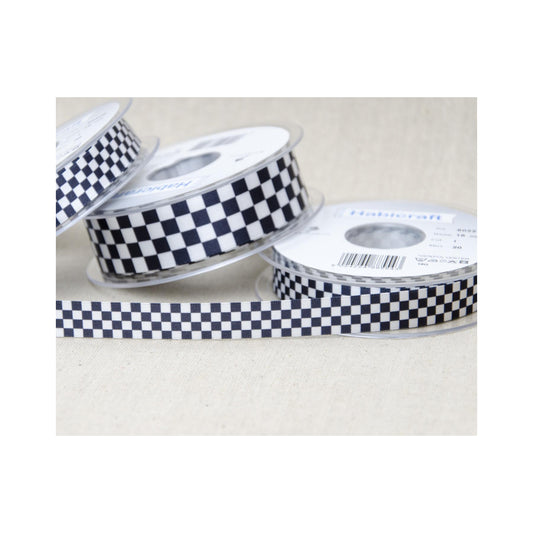 Chequered Ribbon Flag Black and White Check Berisfords Satin 15mm 25mm Wide