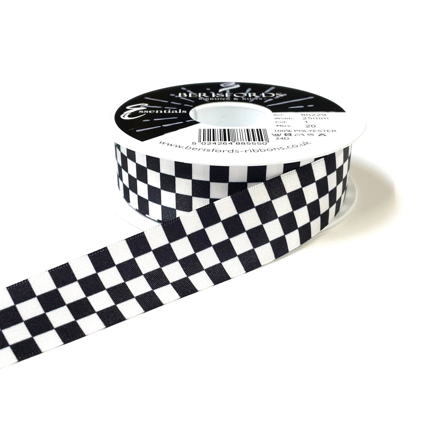 Chequered Ribbon Flag Black and White Check Berisfords Satin 15mm 25mm Wide