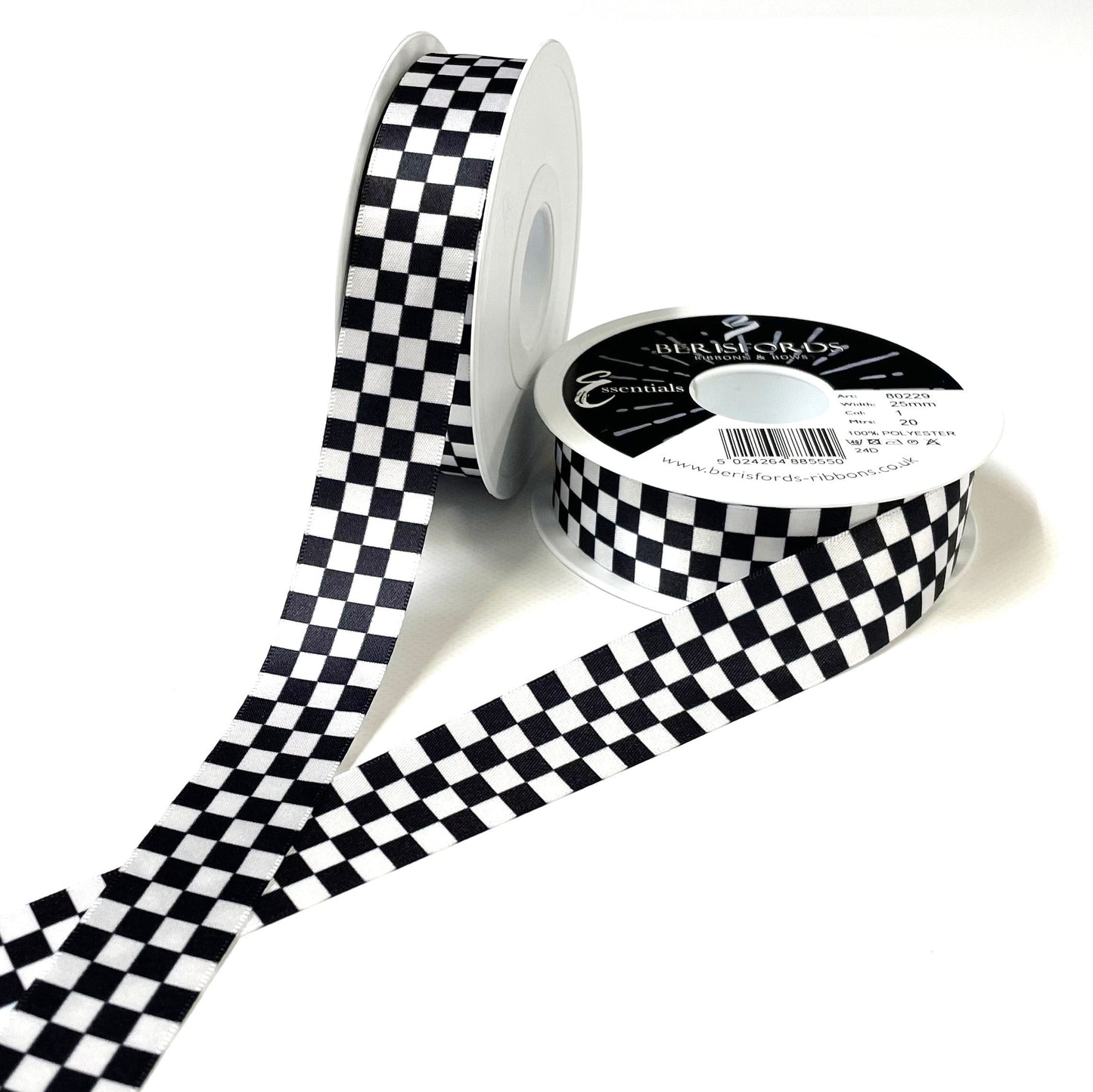 Chequered Ribbon Flag Black and White Check Berisfords Satin 15mm 25mm Wide