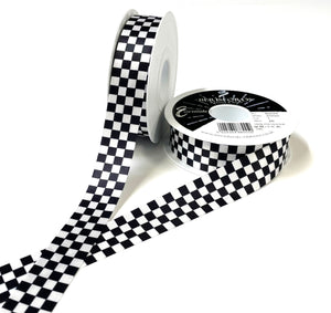 Chequered Ribbon Flag Black and White Check Berisfords Satin 15mm 25mm Wide