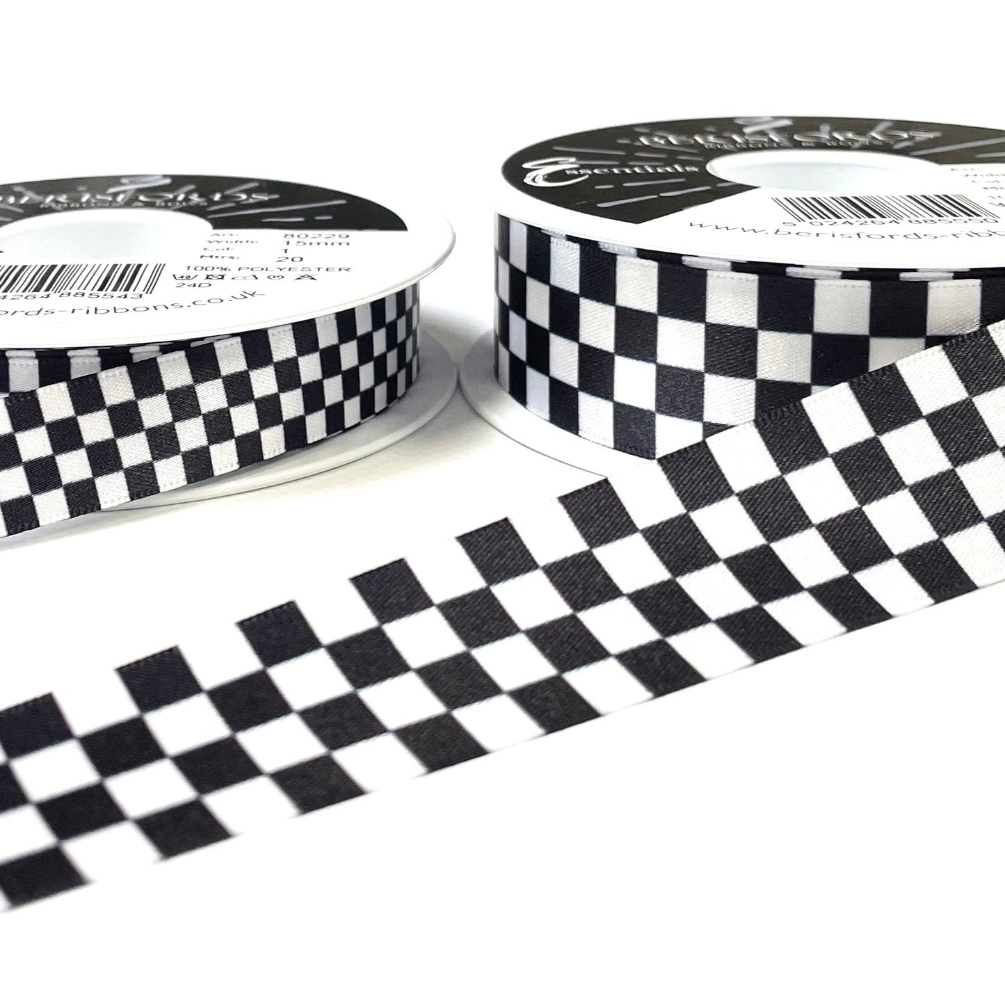 Chequered Ribbon Flag Black and White Check Berisfords Satin 15mm 25mm Wide