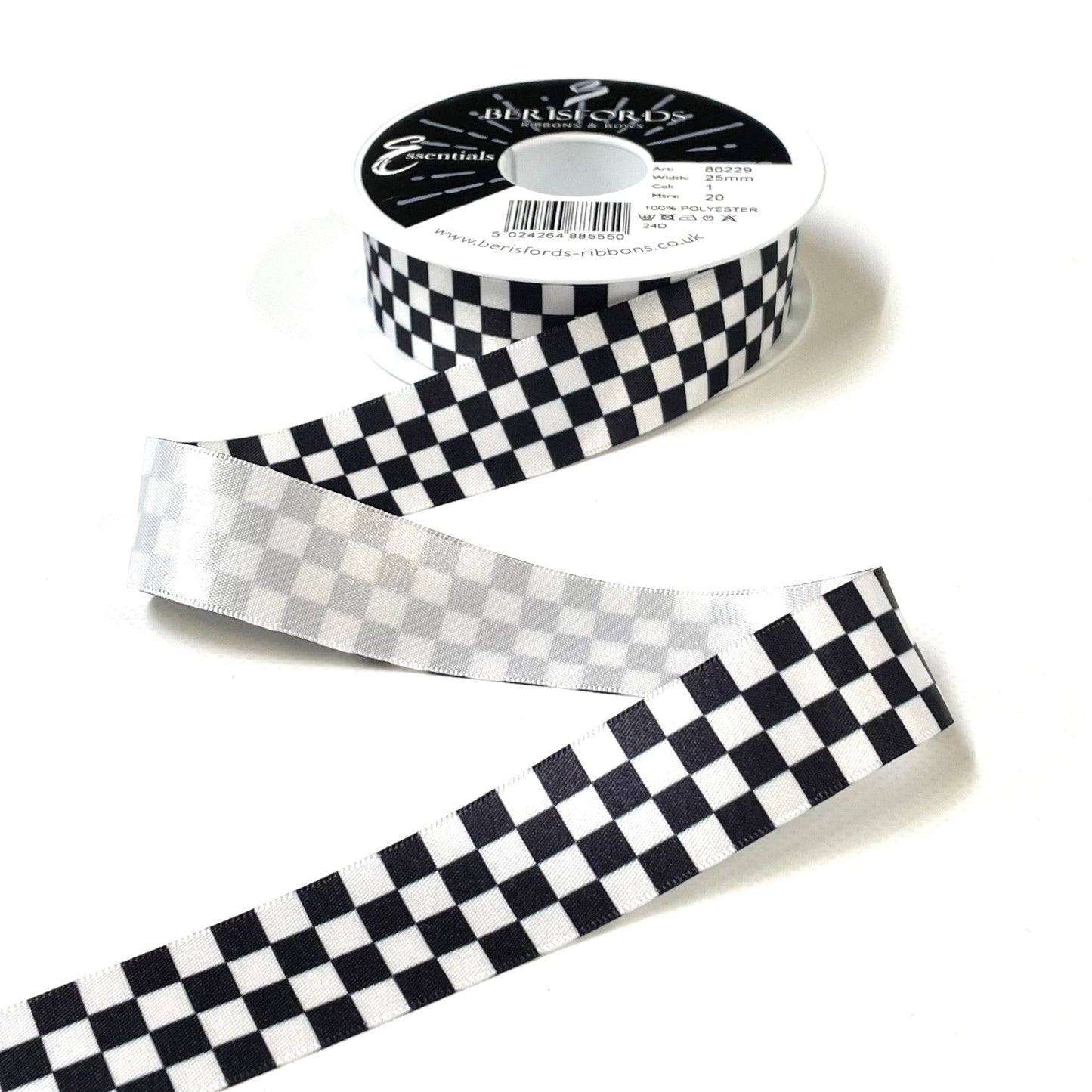 Chequered Ribbon Flag Black and White Check Berisfords Satin 15mm 25mm Wide