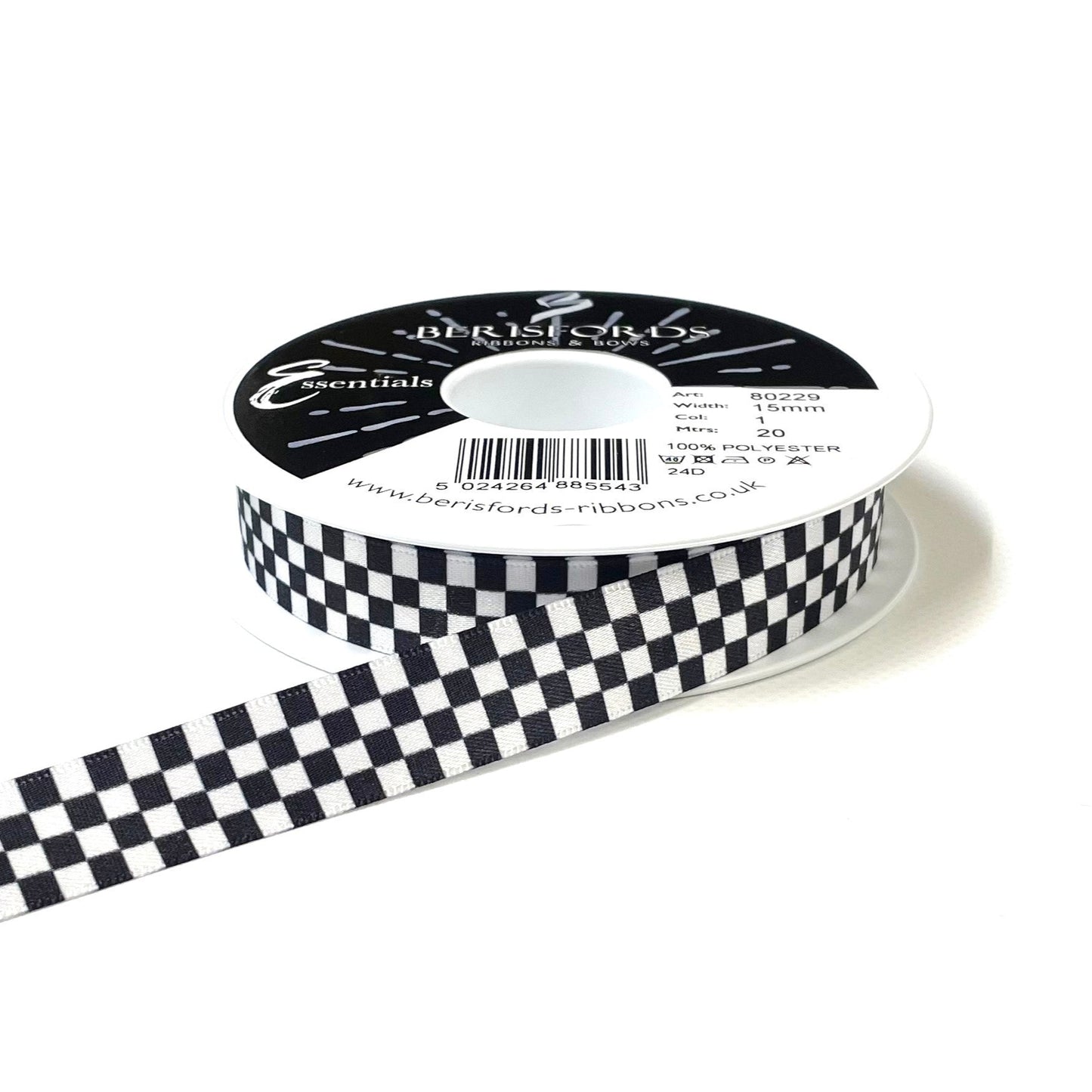 Chequered Ribbon Flag Black and White Check Berisfords Satin 15mm 25mm Wide