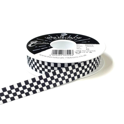 Chequered Ribbon Flag Black and White Check Berisfords Satin 15mm 25mm Wide
