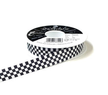 Load image into Gallery viewer, Chequered Ribbon Flag Black and White Check Berisfords Satin 15mm 25mm Wide