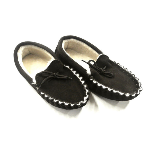100% Genuine Sheepskin Moccasin Slippers In Dark Brown Unisex Made In The UK Sizes 3-12
