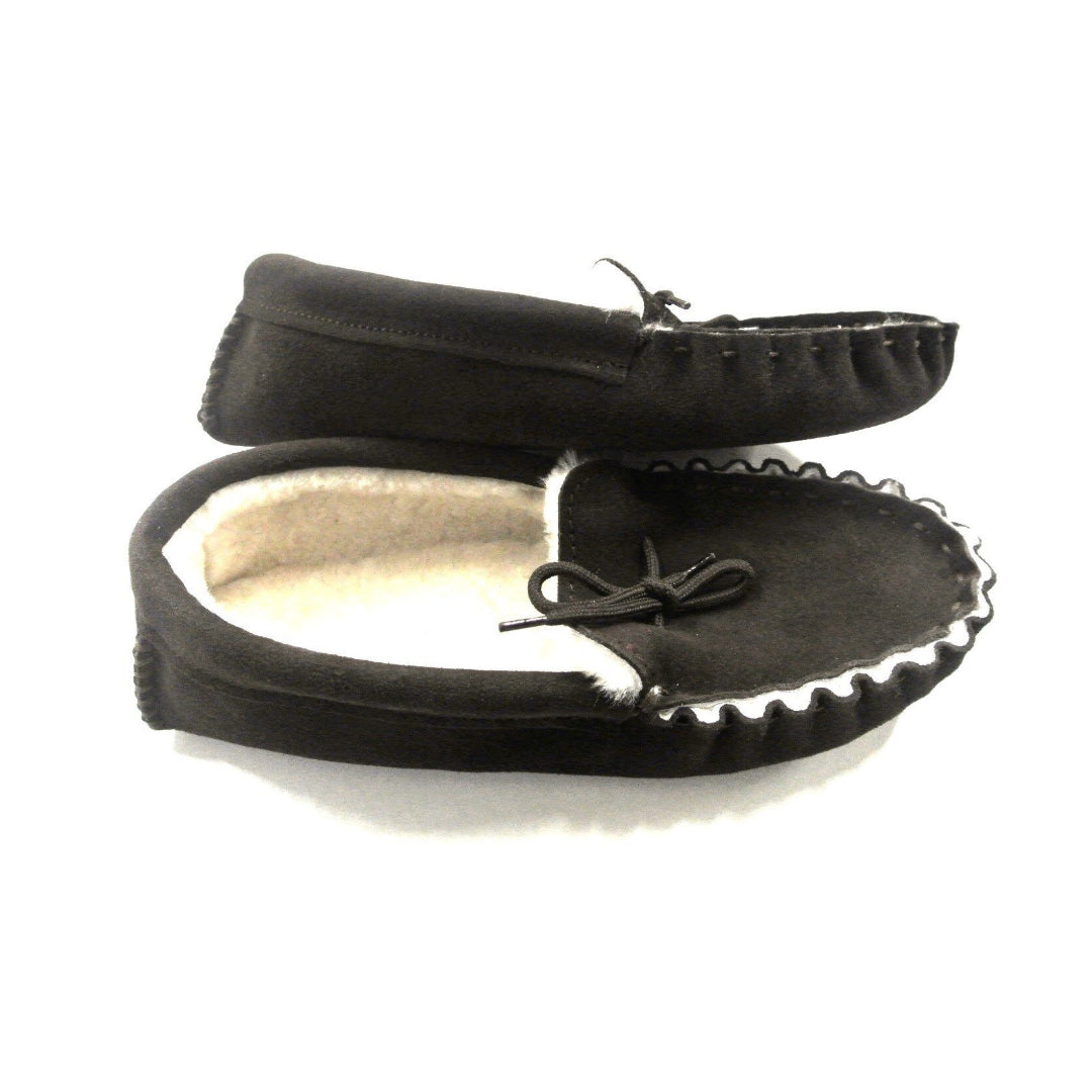 100% Genuine Sheepskin Moccasin Slippers In Dark Brown Unisex Made In The UK Sizes 3-12