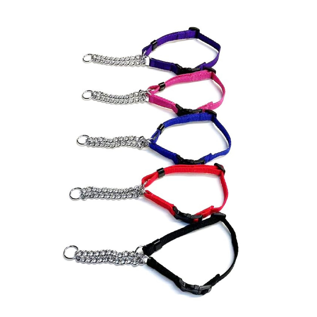 Half Check Chain Dog Collar Adjustable 13mm Wide Webbing 2 Sizes 19 Colours