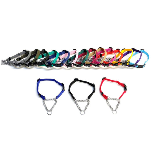 Half Check Chain Dog Collar Adjustable 13mm Wide Webbing 2 Sizes 19 Colours