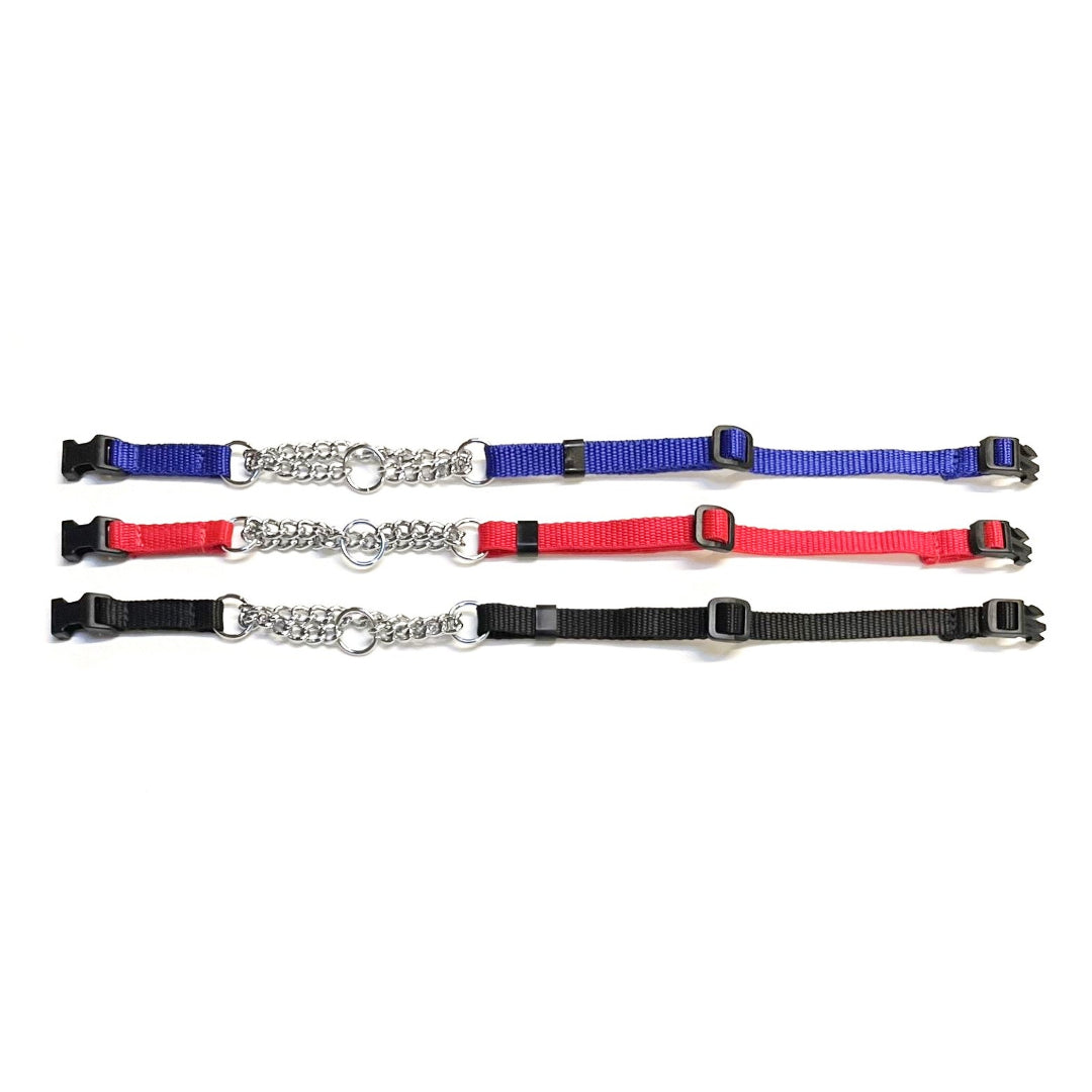 Half Check Chain Dog Collar Adjustable 13mm Wide Webbing 2 Sizes 19 Colours