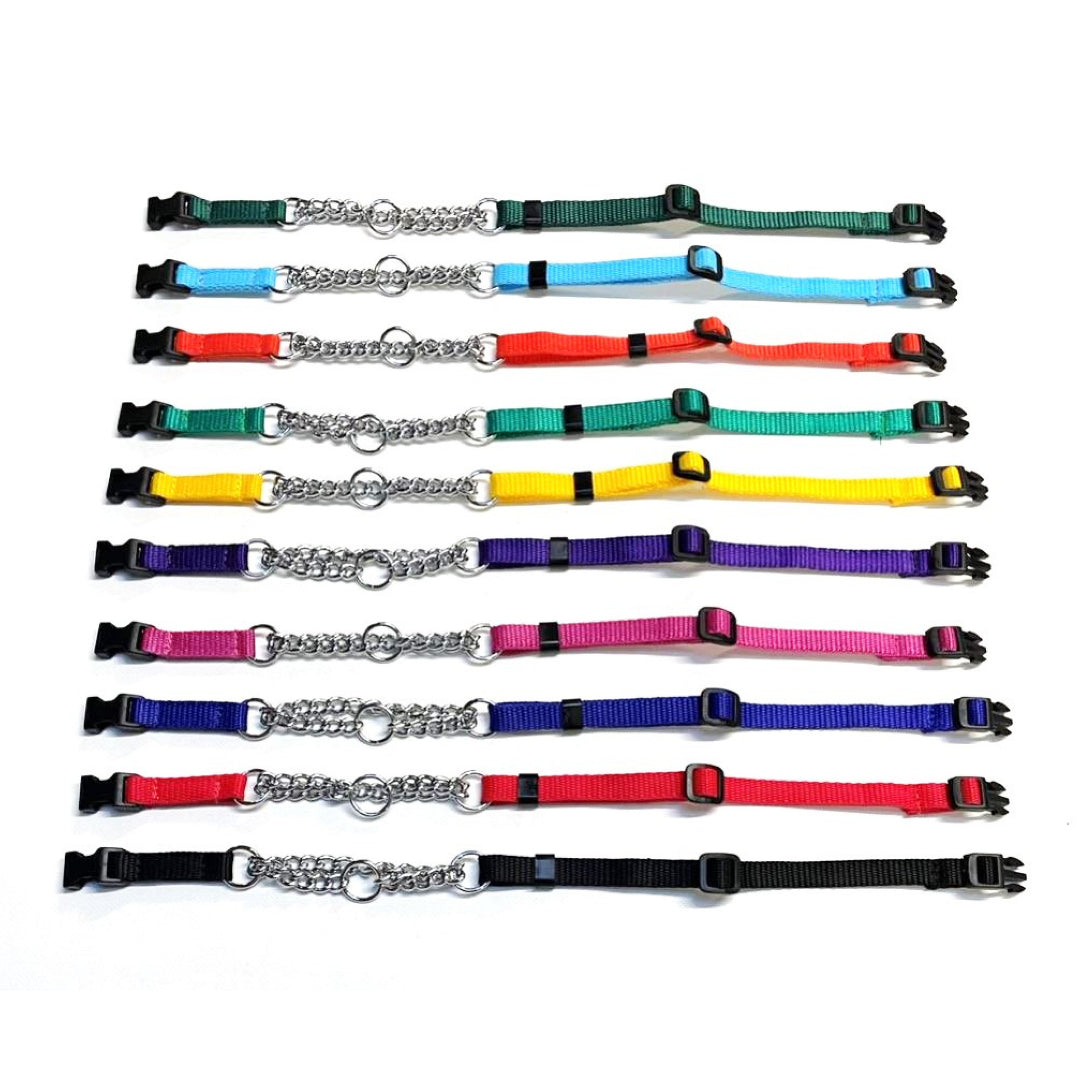 Half Check Chain Dog Collar Adjustable 13mm Wide Webbing 2 Sizes 19 Colours