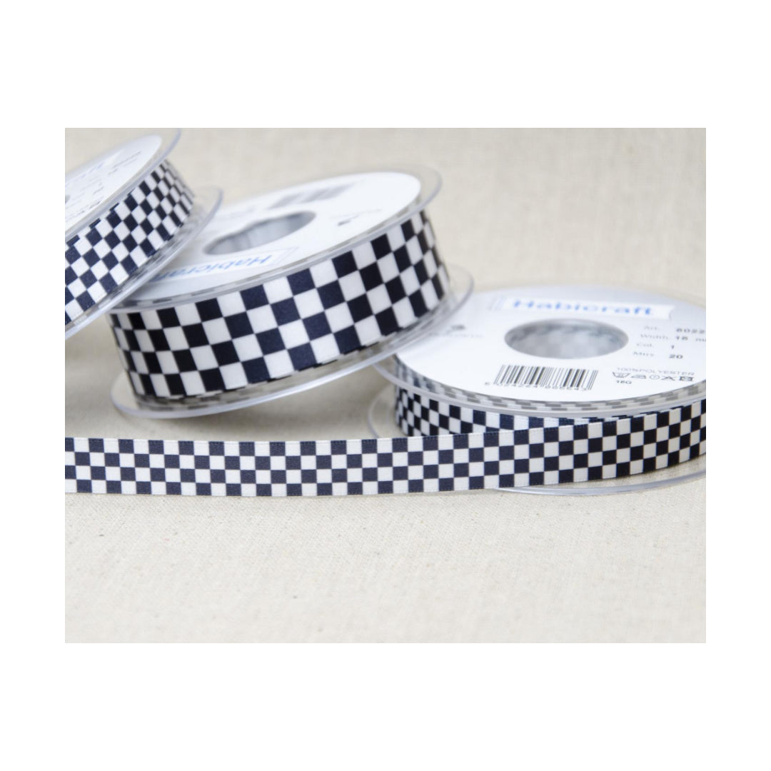 Chequered Ribbon Flag Black and White Check Berisfords Satin 15mm 25mm Wide