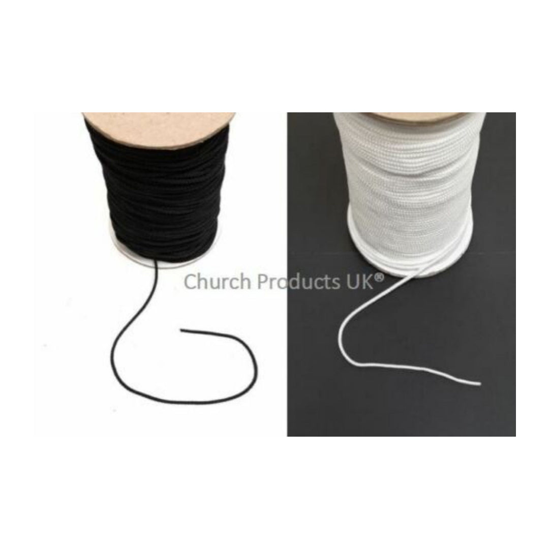 3mm Draw String Braided Cord Polypropylene In Black Or White x1m - 250m