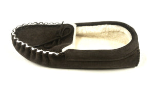 100% Genuine Sheepskin Moccasin Slippers In Dark Brown Unisex Made In The UK Sizes 3-12