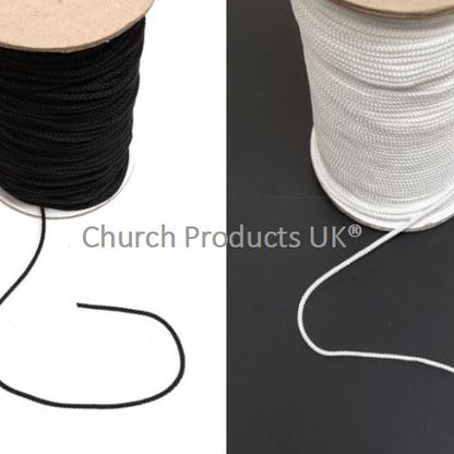 3mm Draw String Braided Cord Polypropylene In Black Or White x1m - 250m