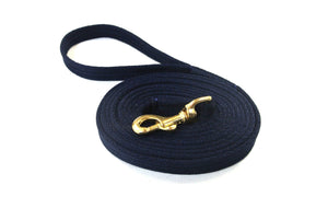 Horse lunge line dog training lead with solid brass trigger clip in navy 