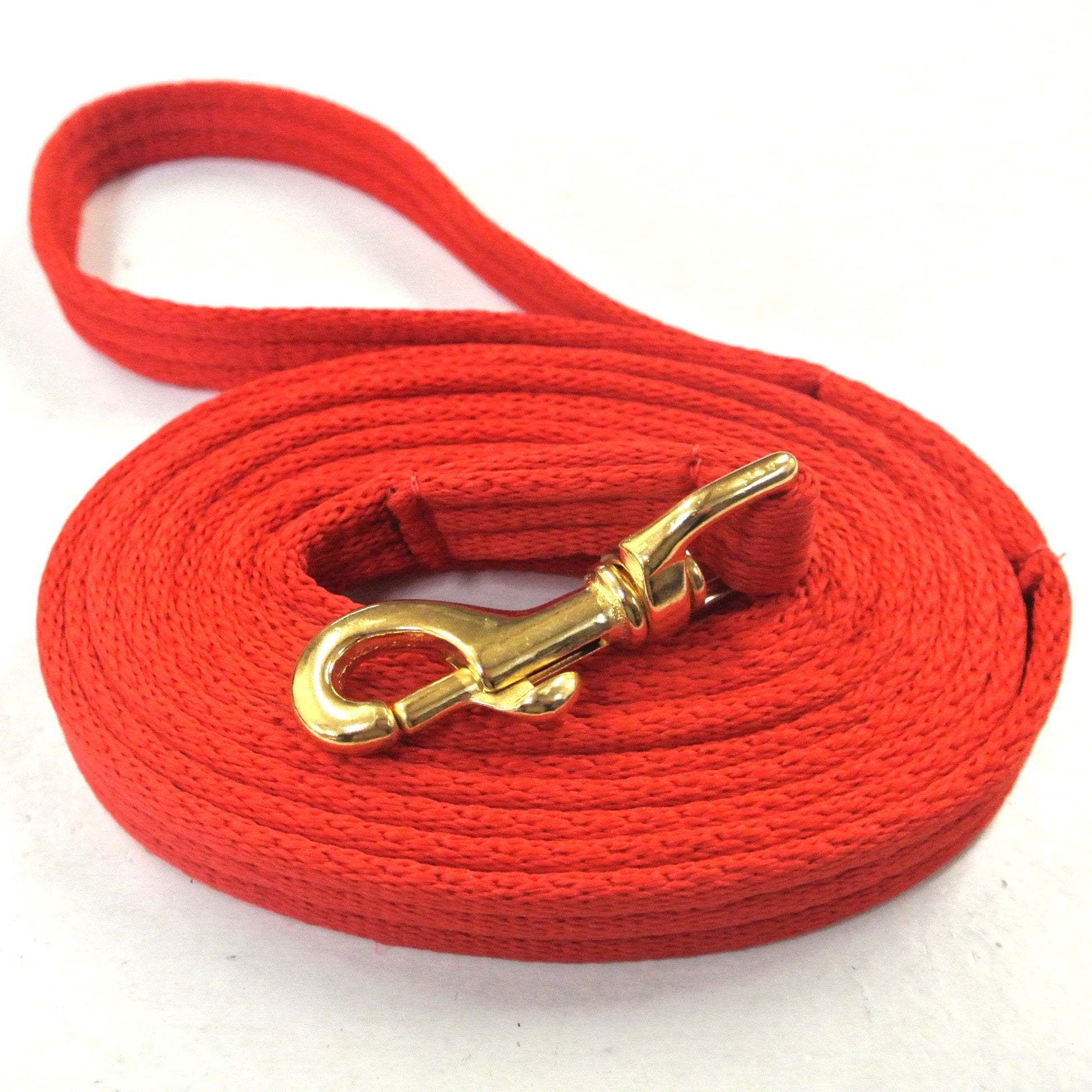 Horse lunge line dog training lead with solid brass trigger clip in red 